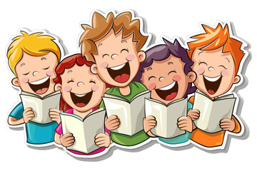 Illustration sticker of a group of happy kids singing in a choir. 