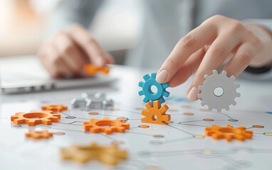 Minimalist photo of gears and puzzle pieces, concept illustration of teamwork and efficiency in the office