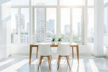 Fototapeta premium Modern office with white walls, a wooden desk and chairs in front of large windows overlooking the city. The room has a minimalistic design with clean