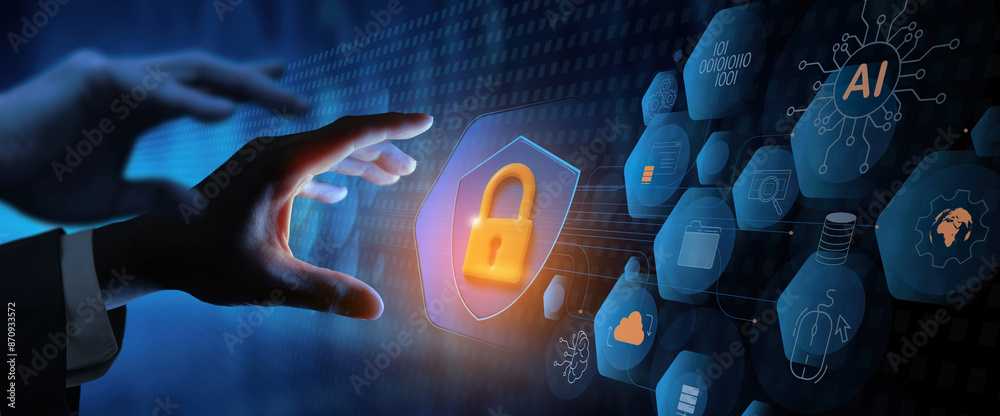 Poster Business hands reach padlock icon virtual and AI generate IT security,Cyber security data protection information privacy internet technology powered by AI concept. 