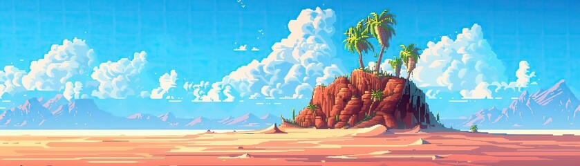 Tropical island with palm trees in the middle of the ocean against a clear blue sky with fluffy clouds. Perfect getaway and paradise scenery.