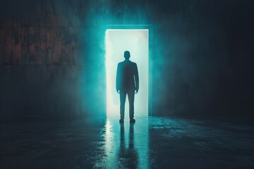 Obraz premium businessman standing facing bright light gate from dark room. ai generative