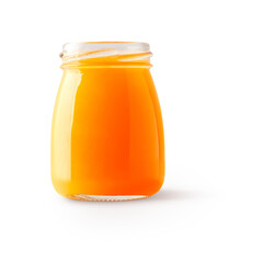 orange juice in an open glass bottle with shadow isolated on transparent background