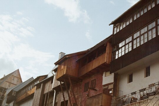 bird houses in Ustek in Czechia on 25. March 2024 on color film - blurriness and noise of scanned 35mm film were intentionally left in image