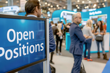 A professional image of a recruitment desk at a job fair with "Open Positions" displayed on a digital screen