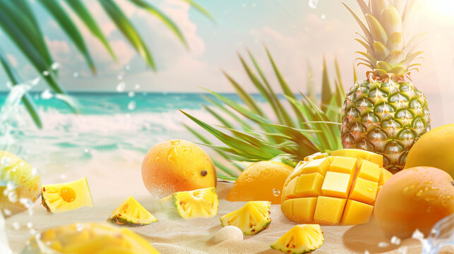 Vibrant Pineapple Commercial: Tropical Paradise with Fruits on Beach