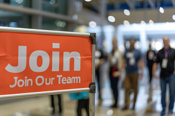 A bright and welcoming photo of a job fair with a banner that reads "Join Our Team" in bold letters 
