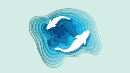 Papercut effect white fish in a blue pond illustration