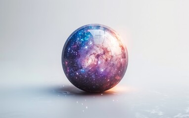 A mesmerizing sphere of glass, filled with a swirling galaxy of gradient colors, rests on a pristine white background.