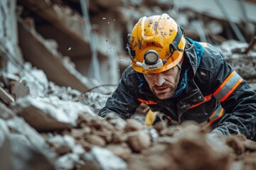 Rescue service man in helmet clears rubble of house after natural disaster. ai generative