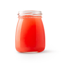 pink grapefruit juice in an open glass bottle with shadow isolated on transparent background