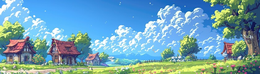 Obraz premium Charming village scene with quaint houses, lush green fields, and a vibrant blue sky with fluffy clouds, perfect for fantasy backgrounds.