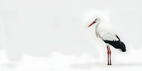 White stork standing alone in isolation against a plain white background. Concept Wildlife Photography, Avian Species, Natural Habitat, Isolation, Minimalistic Composition