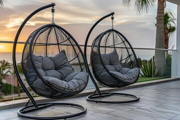 Two hanging chairs on the terrace of an apartment in Playa del Christina, with a Marsala colored sunset sky. A gray wicker chair with a black metal stand and grey cushions,