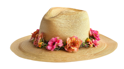Straw hat with floral band on white background or PNG