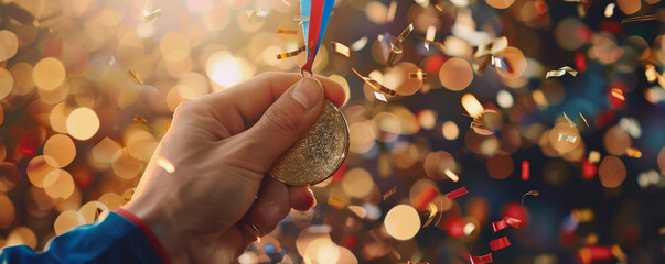 A close-up of a hand holding a gold medal, with confetti raining down and a blurred background of cheering crowds. The image exudes a sense of accomplishment and celebration.