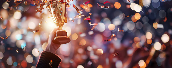 A close-up of a hand holding a golden trophy, with confetti raining down and a blurred background of cheering crowds. The image exudes a sense of accomplishment and celebration.