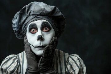 Sad mime can't pass invisible wall on black background. ai generative