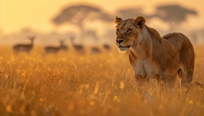 A majestic lioness prowling through the golden grasses under the setting sun, with a distant herd of gazelles alert and ready to flee