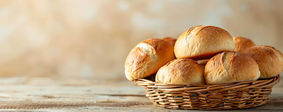A close-up of freshly baked bread rolls in a basket on a wooden counter. The background is a bright, airy wall with ample space for copy, highlighting the bread's golden crusts.