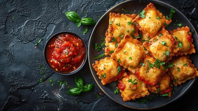 Plate of fried ravioli with marinara sauce, Italian appetizer, rustic background