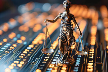 A statue of a woman holding scales with a computer screen behind her