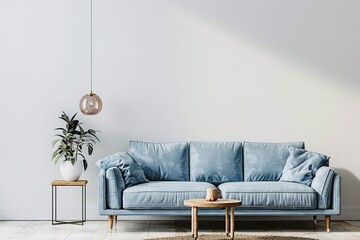 3D rendering of a modern living room interior with a light blue sofa and coffee table against a wall with a mock up background,