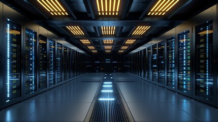 Detailed server room with dark servers, blue and yellow lights, reflective floor in full hd quality
