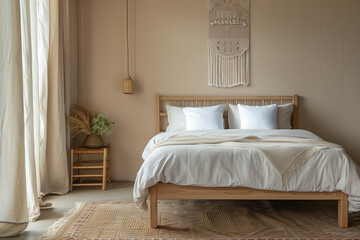 Cozy bedroom interior with wooden bed in natural light