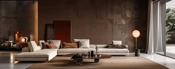 A contemporary living area with a sectional sofa and modern decor, positioned against a dark brown wall. The dark background adds warmth and sophistication to the space.