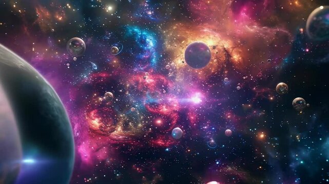A vivid, colorful nebula in outer space filled with numerous celestial objects like stars and planets. The scene showcases a vast expanse of vibrant cosmic gas clouds, creating a mesmerizing and