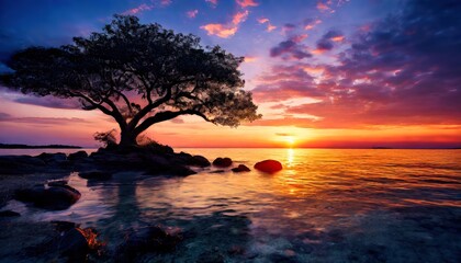 This image captures the tranquil beauty of a sunset over a serene body of water, with an emphasis on the vibrant hues of orange and blue that paint the sky In the foreground, there is a solitary tree