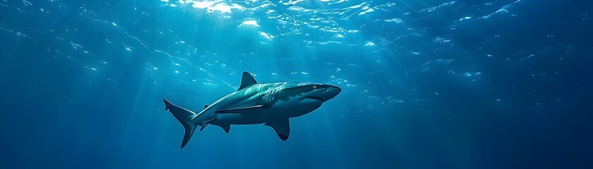 Fototapeta premium Shark Tagging by Marine Biologists in Deep Blue Ocean Waters for Research