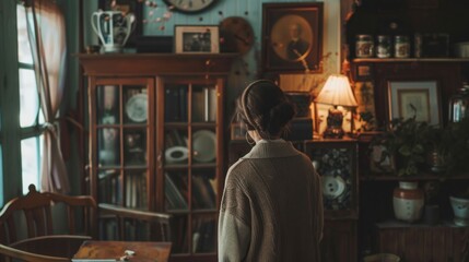 Obraz premium A person wearing retro clothing in a softly lit room with vintage decor, emphasizing texture and mood, with a copy space