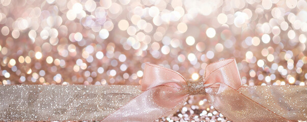 A delicate blush pink ribbon bow on a silver and gold mixed glitter background. The soft color and shimmering texture create a gentle and elegant look.