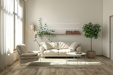A modern living room with white walls and a wooden floor, featuring a beige leather sofa, armchair, coffee table