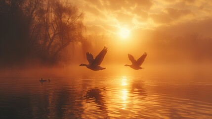 A pair of wild geese flying in formation over a serene lake during sunrise.