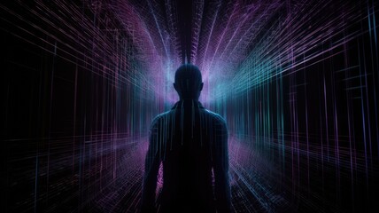 Fototapeta premium Man Standing in Cybernetic Space Grid