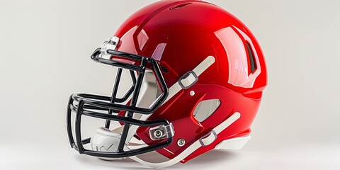 Fototapeta premium Right side red football helmet against a plain white backdrop. With black metal protective cage
