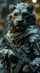 Courageous Lion Warrior Equipped with Tactical Gear and High-Powered Rifle in Dramatic Post-Apocalyptic Setting