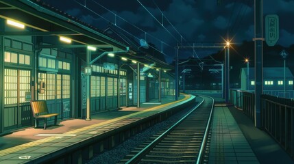 A quiet anime-style train station platform at night, with soft, muted colors and a nostalgic ambiance