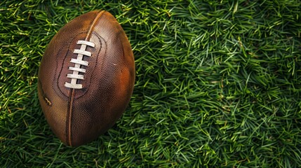 Brown old American football ball on green grass. Artificial stadium turf background. Top view
