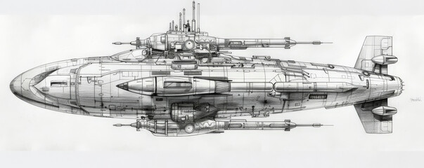 Obraz premium A detailed drawing of a combat submarine, showcasing its torpedo tubes, sonar equipment, and stealth design. The white background highlights the submarine's advanced engineering and combat