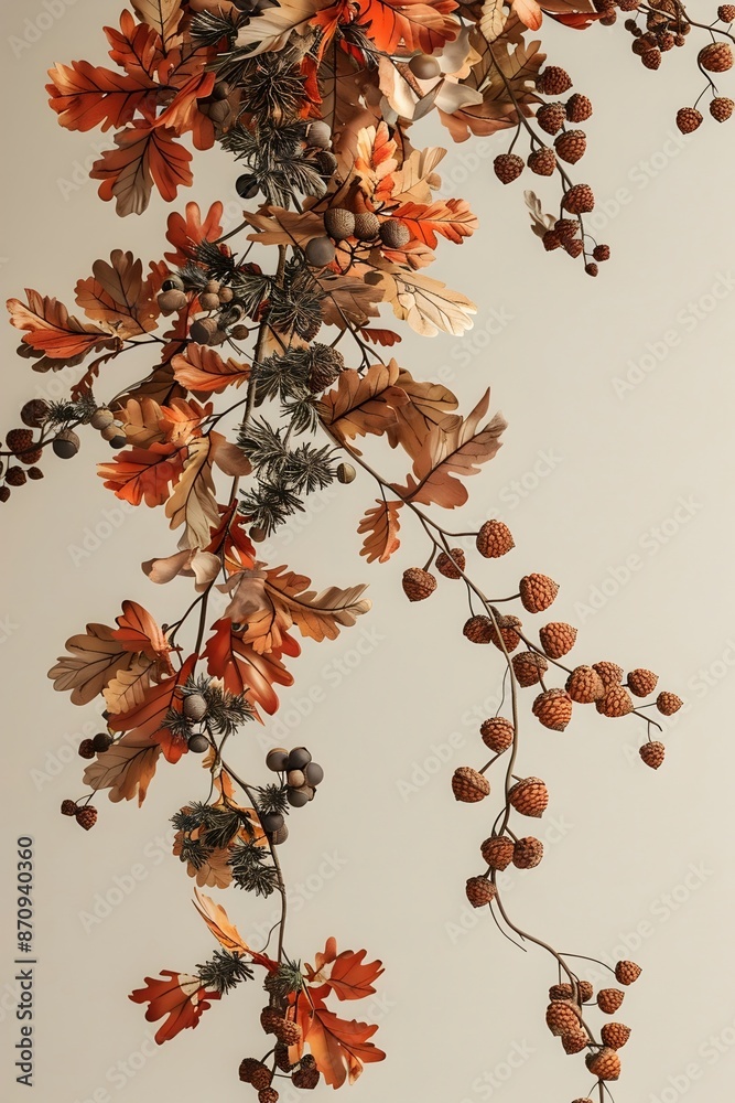 Canvas Prints Elegant Autumnal Garland with Cascading Oak Leaves,Rosemary Sprigs,and Acorn Clusters on Neutral Background