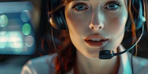 Friendly telephone operator with a headset for a service telephone service with direct eye contact