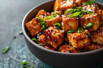 Fototapeta premium Crispy Glazed Tofu Cubes with Sesame Seeds and Scallions