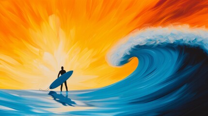 Surfer holding a blue board underarm, gazing at the horizon with crashing waves, dramatic sunset sky, peaceful and contemplative scene