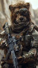 Fierce Lion Soldier Wielding Assault Rifle in Gritty Urban Warfare Scene