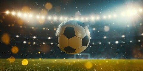 Naklejka premium A soccer ball in closeup flying in the air on a big soccer field stadium at night filled with stadium lights and copy space