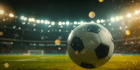 Fototapeta premium A soccer ball in closeup flying in the air on a big soccer field stadium at night filled with stadium lights and copy space